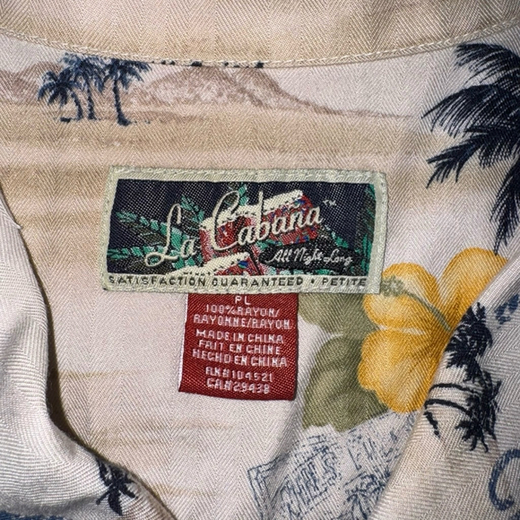 Women's vintge La Cabana Beige Hawaiian Button Down Shirt Size Petite Large 90s - Picture 7 of 9